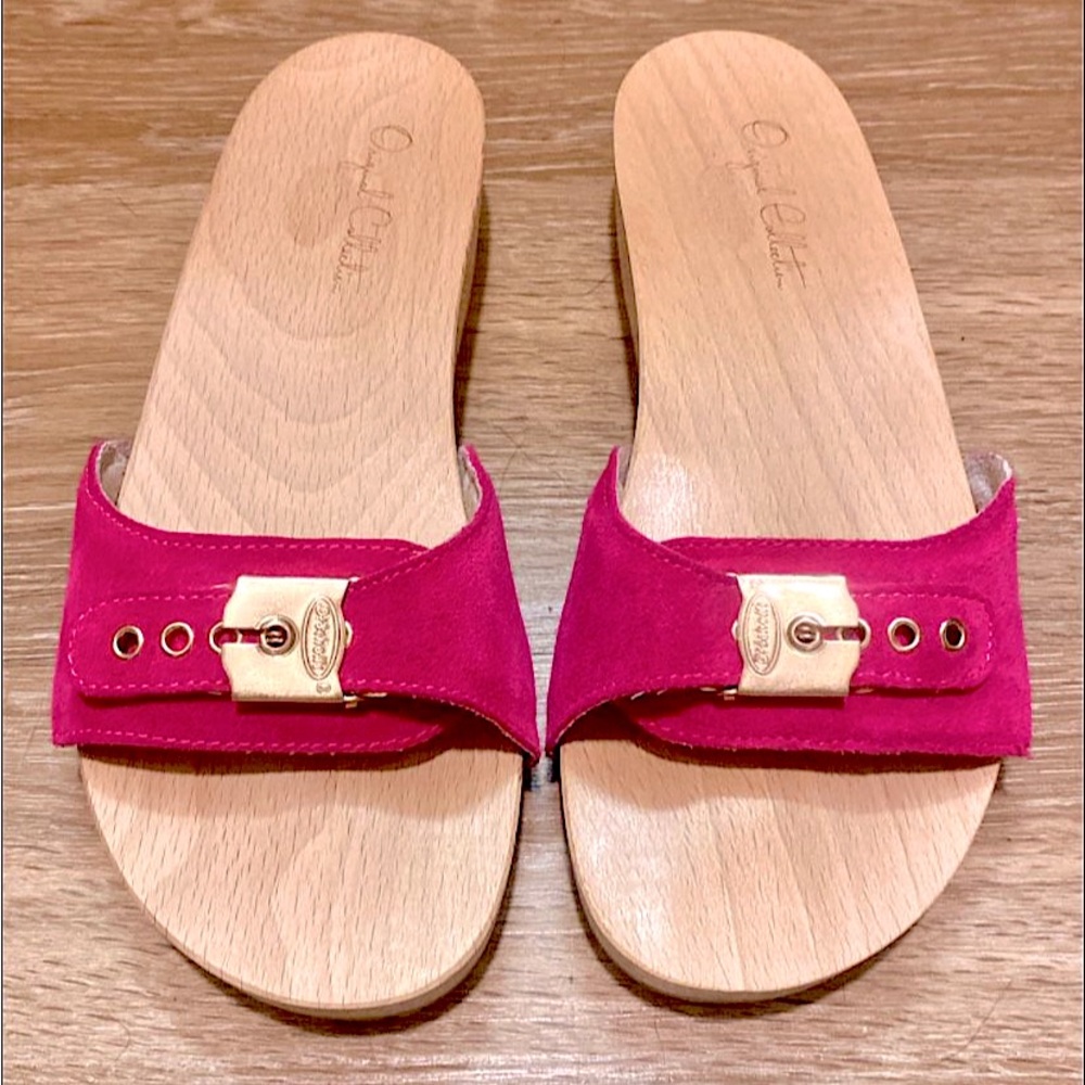 Dr. Scholl’s Original Collection Suede Straps w/ Buckles & Wood Slides Sandals